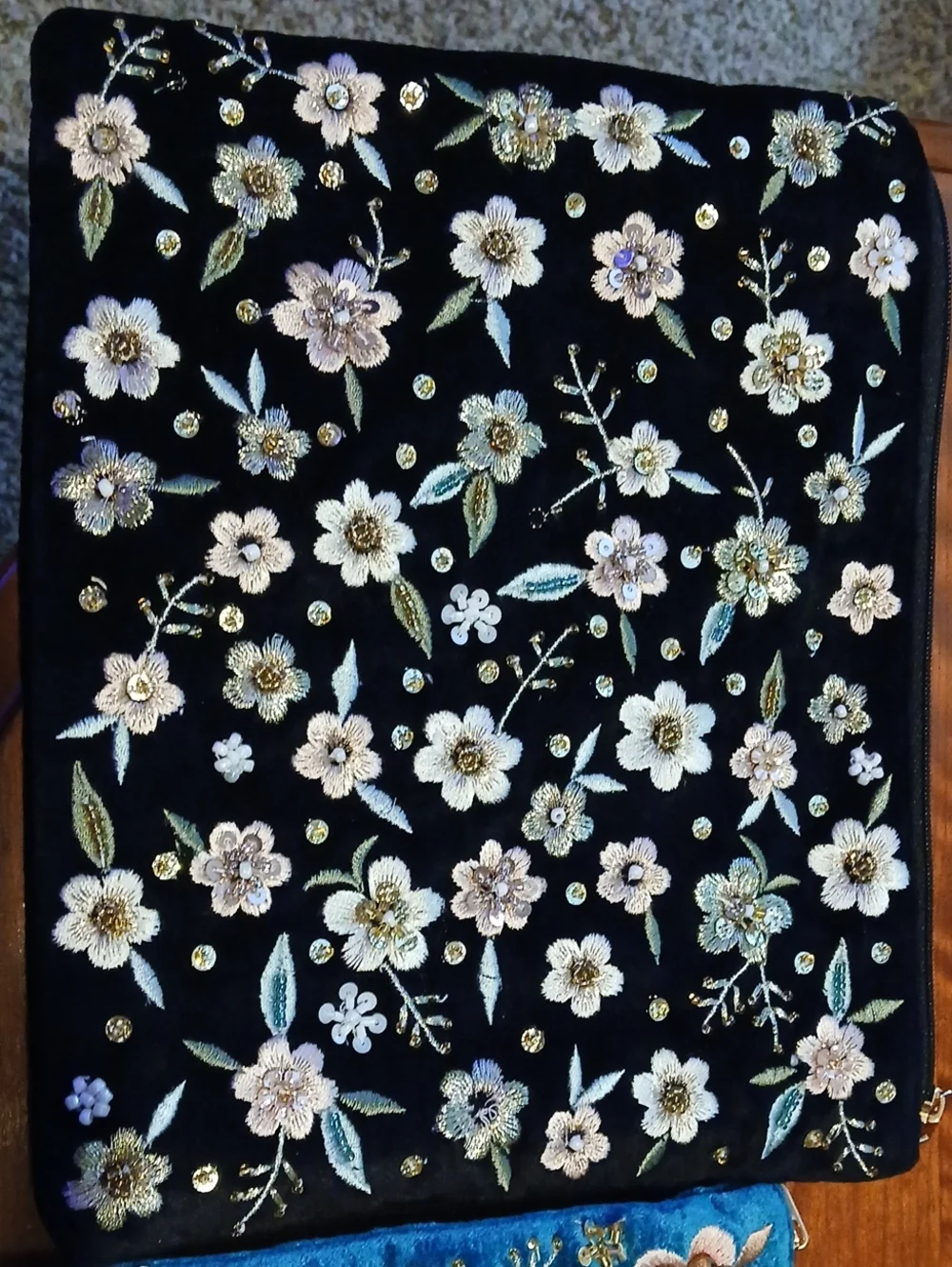 Black Floral Embroidered Clutch with Gold Accents